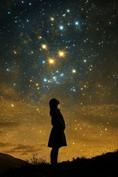a woman standing on top of a hill under a sky filled with stars