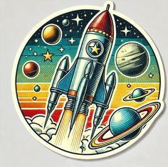 a sticker with an image of a space shuttle in the sky and planets around it