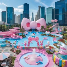 an inflatable water park with hello kitty decorations and pink waterslides for children