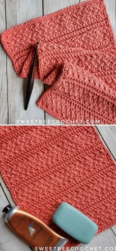 an orange crocheted dishcloth with scissors next to it on a wooden surface