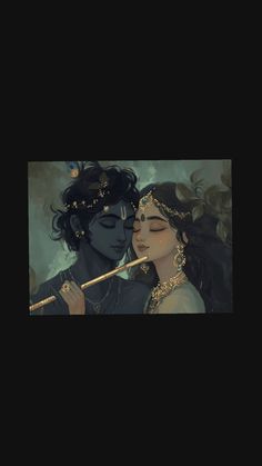 two people that are kissing each other in front of a black background with gold trimmings