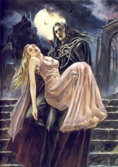 a painting of a woman being carried by a man in a white dress on stairs