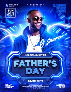 the flyer for father's day with an image of a man in sunglasses