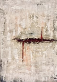 an abstract painting with white and red paint on the bottom half of it, in grey tones