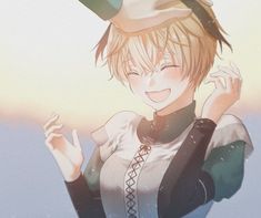 an anime character is smiling and holding his hand up