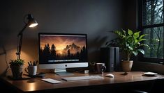 a desktop computer sitting on top of a wooden desk next to a potted plant