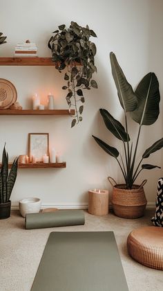 a yoga mat, candles and potted plants in front of a wall with shelves