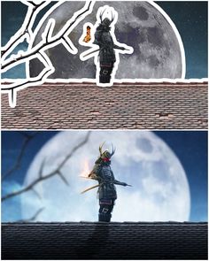 two pictures one with a person standing on the roof
