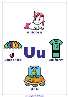 the letter u is for unicorn, umbrella and t - shirt with an animal on it