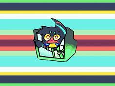 an animated character is sitting in front of a striped background