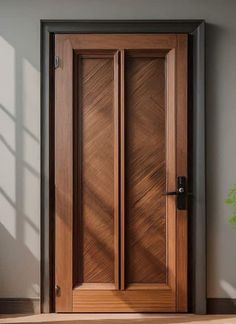an empty room with a wooden door and potted plant on the floor next to it