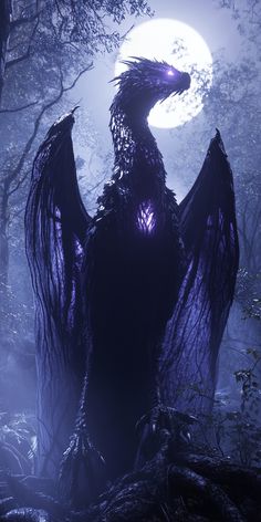 a black dragon standing in the middle of a forest at night with its wings spread