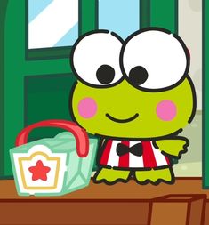 a green frog with big eyes sitting at a desk in front of a window holding a basket