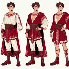 three different views of a man in roman clothing, one wearing red and the other white