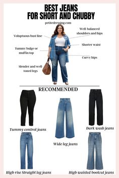 Denim is a timeless fashion choice, but the right fit makes all the difference. Some jeans can flatter your curves, while others may highlight less desirable areas. This guide for short and chubby women will show you the best jeans to wear and the styles to avoid. Jeans For Short, Short Girl Jeans Style, Jeans For Belly Fat Women, Stylish Jeans For Women Outfit Ideas, How To Style Short Jeans, Jeans Ideas For Women, Baggy Jeans For Short Women, Denim Types, Fitted Short Length Blue Jeans