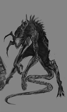 a black and white drawing of a creature with large claws on it's head