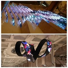 two pictures with different lights in them and one has an artistic light sculpture hanging from the ceiling