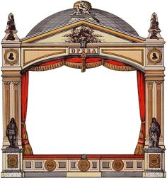 an ornately decorated stage with red curtains