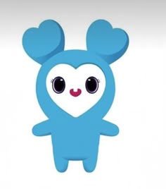 a blue teddy bear with hearts on it's head and eyes, standing in front of a white background