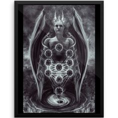 a black and white painting with an angel surrounded by spheres