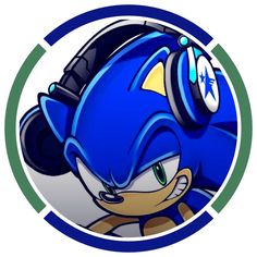 sonic the hedgehog with headphones on in a circular frame, looking like he's going to fly