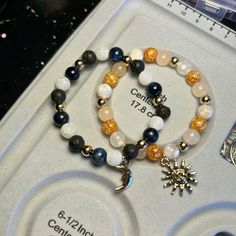 Couples Bracelet Ideas, Crystal Bracelet Ideas Aesthetic, Celestial Style Beaded Bracelets As Gift, Handmade Celestial Beaded Bracelets For Gifts, Space Themed Bracelet Ideas, Adjustable Celestial Beaded Bracelets With Round Beads, Sun And Moon Bracelet, Handmade Themed Beaded Bracelets With Round Beads, Celestial Moon Phase Bracelets