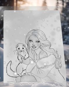 a drawing of a woman holding a cat in the snow