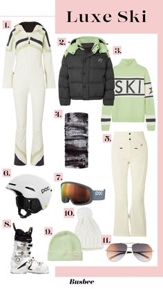 the ultimate ski outfit guide for women in white, black and mint green with text overlay