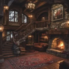 a living room filled with lots of furniture and a fire place next to a fireplace