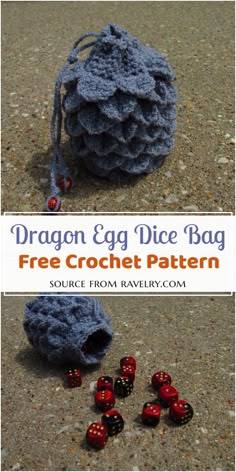 a crochet bag with dices on the ground and text dragon egg dice bag free crochet pattern