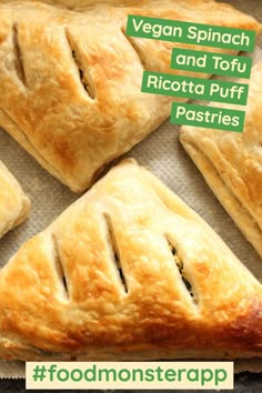 four pieces of pastry sitting on top of a piece of paper with the words vegan spinach and tofu ricotta puff pasties