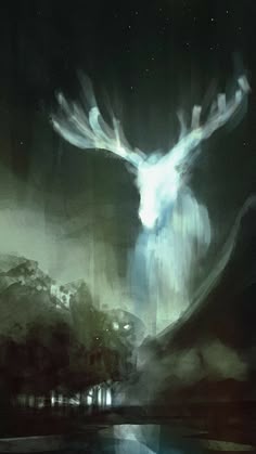 an artistic painting of a deer in the night