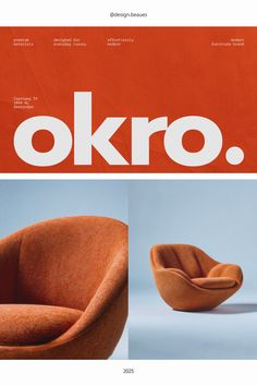 an orange chair with the word okro on it and another image of a brown chair