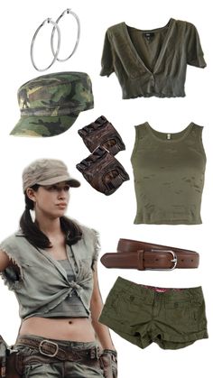 a woman wearing army clothing and accessories