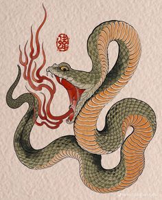 Snake Drawing Japanese, Japan Snake, Year Of The Snake Chinese, Japanese Snake Painting, Japanese Traditional Snake, Korean Snake, Chinese Snake Drawing, Snake Tattoo Japanese, Snake Japanese
