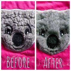 two pictures of a stuffed koala bear with the same face as it appears to be before and after