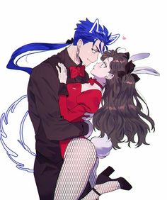 an anime couple kissing each other with long black hair and blue eyes, dressed in red