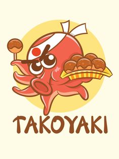 an octopus holding a tray of food with the word tokyo on it's side