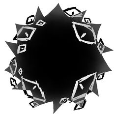 an abstract black and white photo with many small objects in the center, including squares