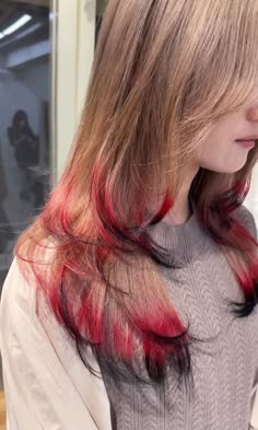 Fox Hair Pink, Blue Fox Tips, Dyed Tips Layers, Layer Tips Dyed, Dyed Hair Tips Red, Layered Tips Dyed, Layered Hair Dyed Tips, Dyed Tips Layered Hair, Dyed Red Tips Hair