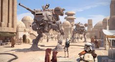 a group of people standing around a giant robot in the middle of a desert area