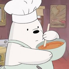 a cartoon character holding a bowl of soup with a spoon in his hand and wearing a chef's hat