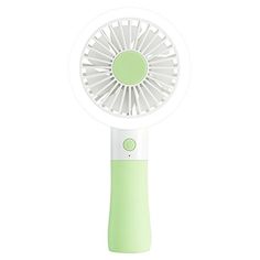 a green and white electric fan on a white background