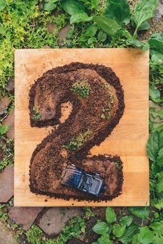 a wooden sign with dirt and plants in the shape of a number 2 on it