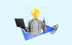 a man with a laptop and light bulb above his head