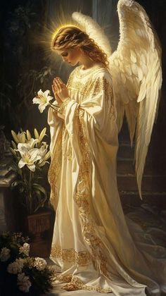 an angel kneeling in front of flowers with her hands clasped to her chest and praying