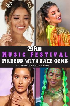 29 Festival Makeup Coachella Inspiration How To Wear Face Gems, Makeup For Concerts, Face Jewel Makeup Ideas, Coachella Makeup Ideas, Edc Makeup Ideas, Concert Face Gems, Rave Makeup Ideas, Face Glitter Ideas Festival, Concert Makeup Looks With Gems
