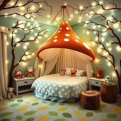 a bedroom decorated with fairy lights and trees on the wall, including a mushroom bed