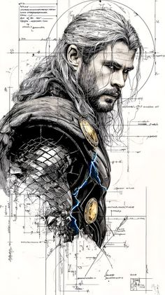 a drawing of a man with long hair and beard