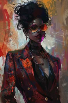 a painting of a woman with sunglasses on her face